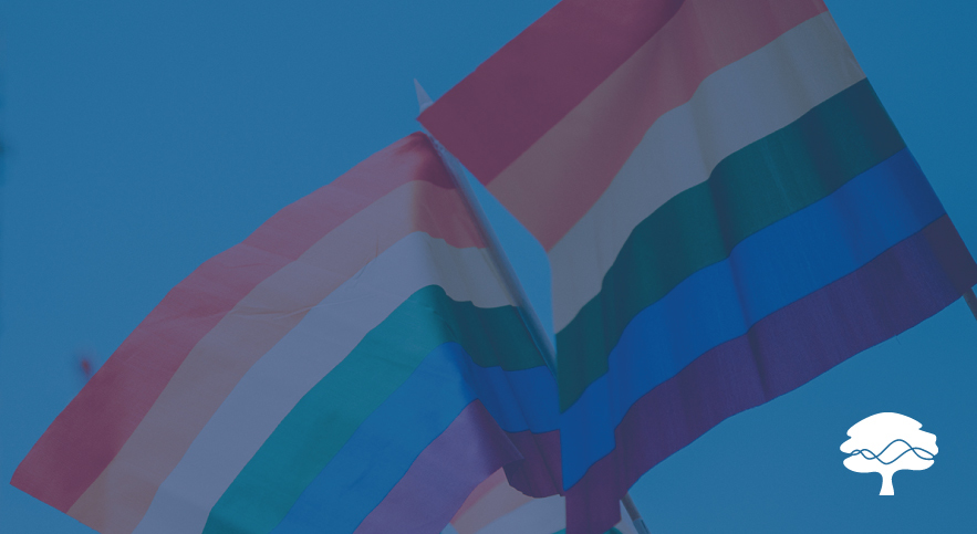 rainbow flag against blue sky