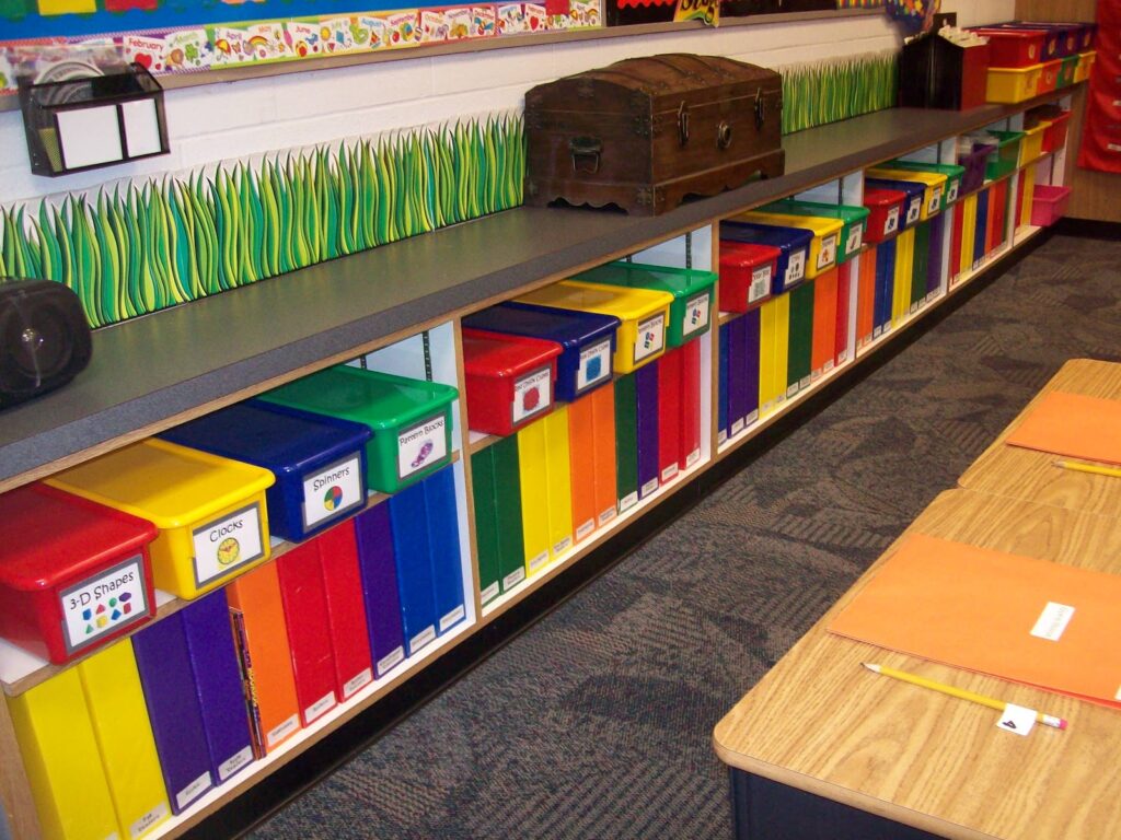 An early childhood education classroom is organized and color-coded.