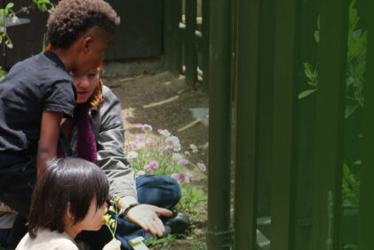 teacher showing flowers to young kids