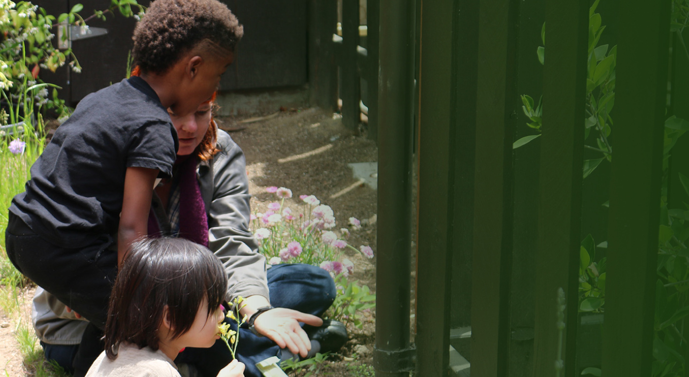teacher showing flowers to young kids