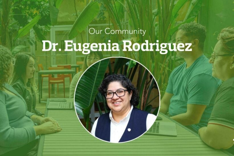 Dr. Eugenia Rodriguez smiles in a portrait photo inset on a green banner image under text displaying her name.