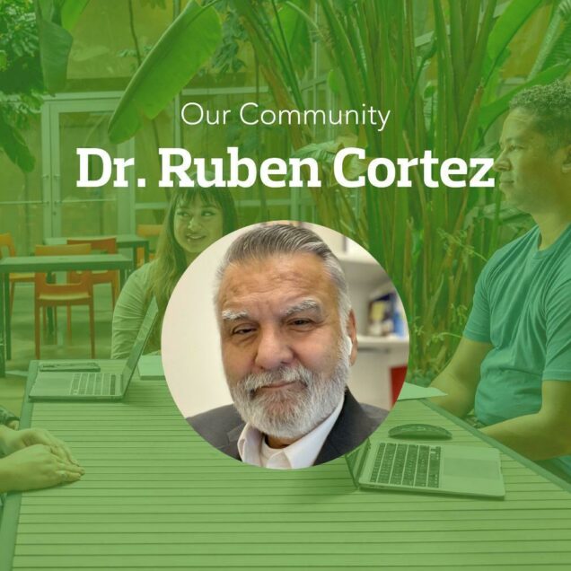 Dr. Ruben Cortez smiles in a portrait photo inset on a green banner image under text displaying his name.