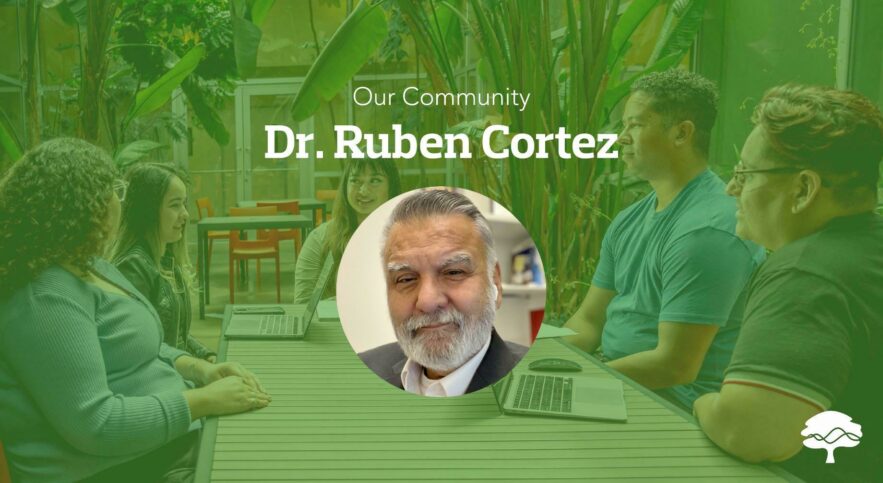 Dr. Ruben Cortez smiles in a portrait photo inset on a green banner image under text displaying his name.