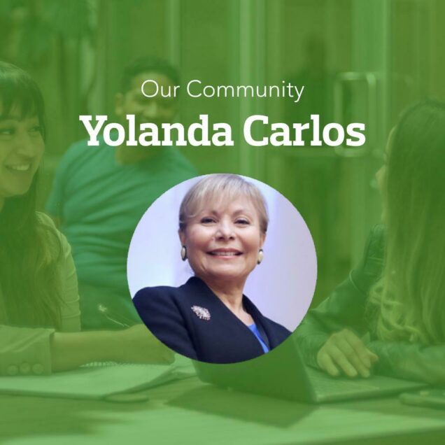 Professor Yolanda Carlos smiles in a portrait photo inset on a green banner image under text displaying her name.