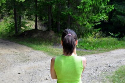 Long a traveler stands before two roads diverging in a green wood.
