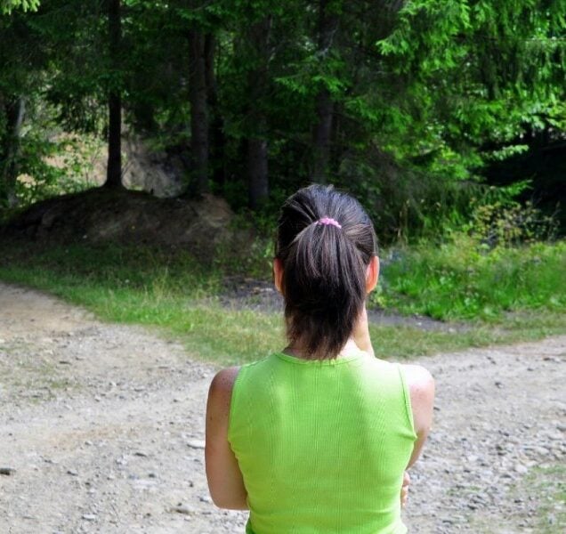 Long a traveler stands before two roads diverging in a green wood.