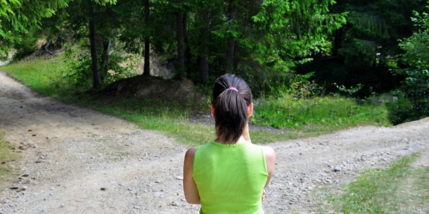 Long a traveler stands before two roads diverging in a green wood.
