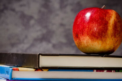 A shiny red apple sits beautifully on a stack of schoolbooks. Don't you just want to devour this perfect crunchy apple? Yum, yum!