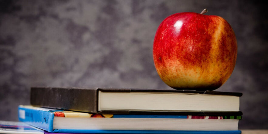 A shiny red apple sits beautifully on a stack of schoolbooks. Don't you just want to devour this perfect crunchy apple? Yum, yum!