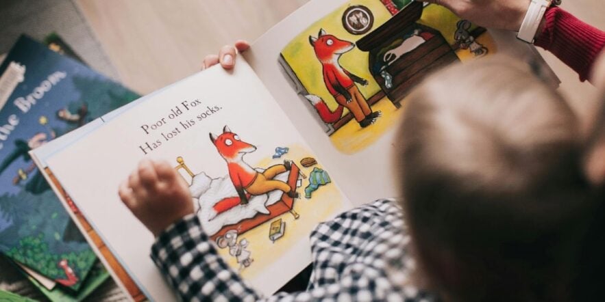 A young human child views a book with a picture of a cartoon fox upon it.
