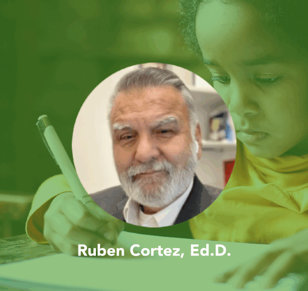 Dr. Ruben Cortez smiles in a portrait photo inset on a green banner image under text displaying his name.