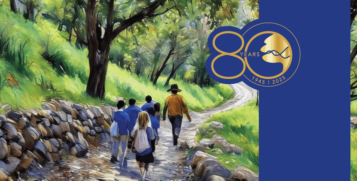 Colorful oil painting of person in hat leading children along a path in a tree-lined meadow.