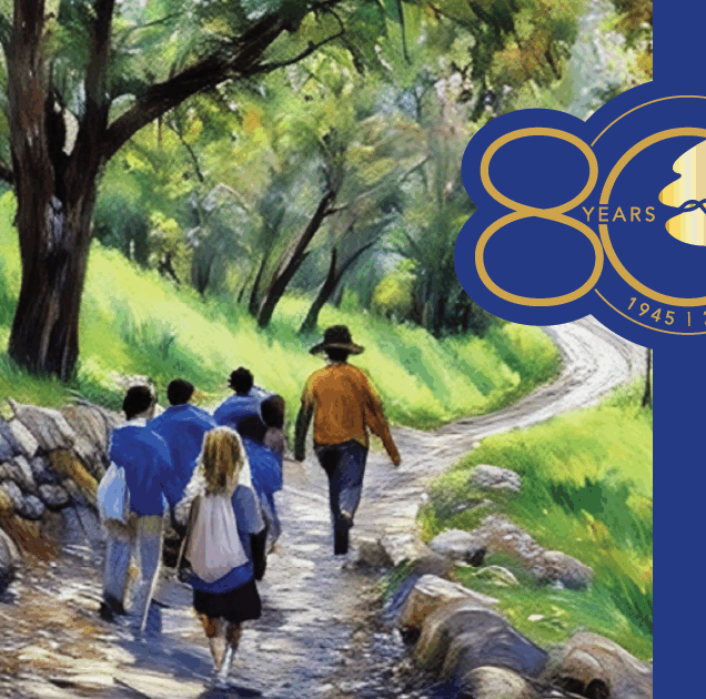 Colorful oil painting of person in hat leading children along a path in a tree-lined meadow.