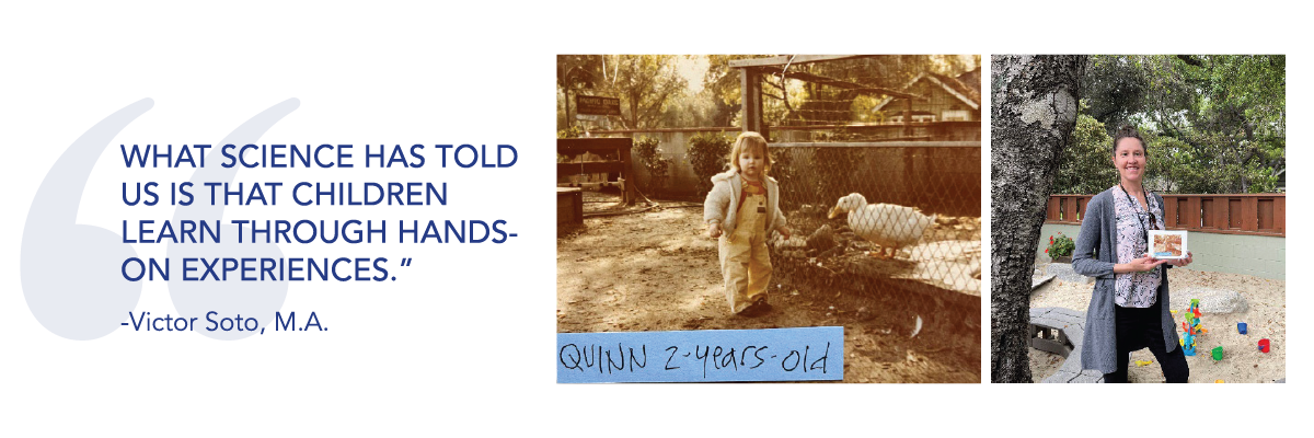 side by side photo of a toddler next to a duck and a woman in the same spot holding that picture.