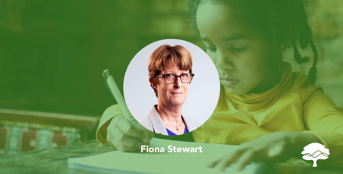 A portrait of Pacific Oaks Director of Development Fiona Stewart appears on a digital banner featuring Pacific Oaks branding and colors.