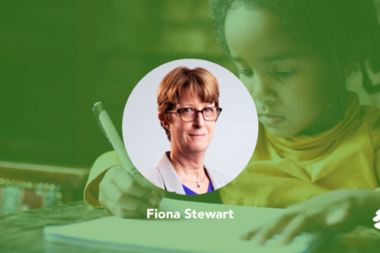 A portrait of Pacific Oaks Director of Development Fiona Stewart appears on a digital banner featuring Pacific Oaks branding and colors.