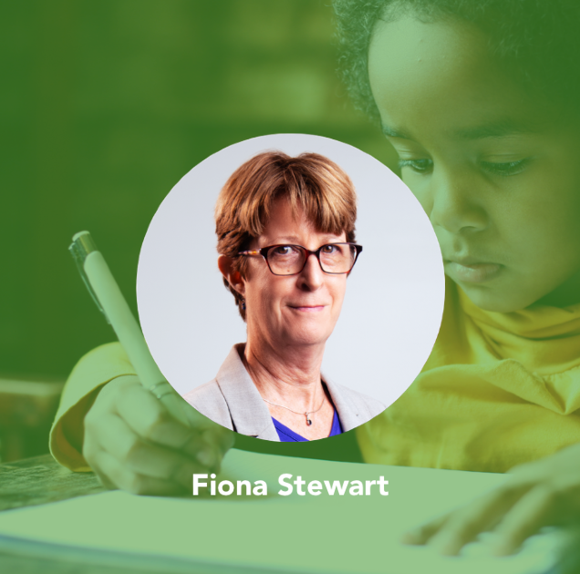 A portrait of Pacific Oaks Director of Development Fiona Stewart appears on a digital banner featuring Pacific Oaks branding and colors.
