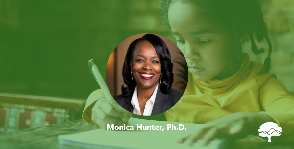 A portrait of Monica Hunter, Ph.D. appears on a digital banner featuring Pacific Oaks branding and colors.