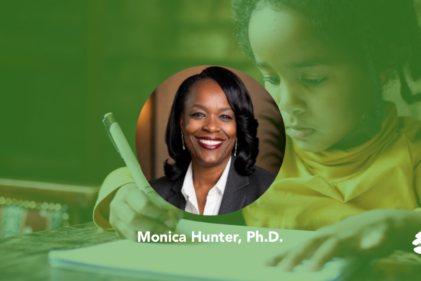 A portrait of Monica Hunter, Ph.D. appears on a digital banner featuring Pacific Oaks branding and colors.