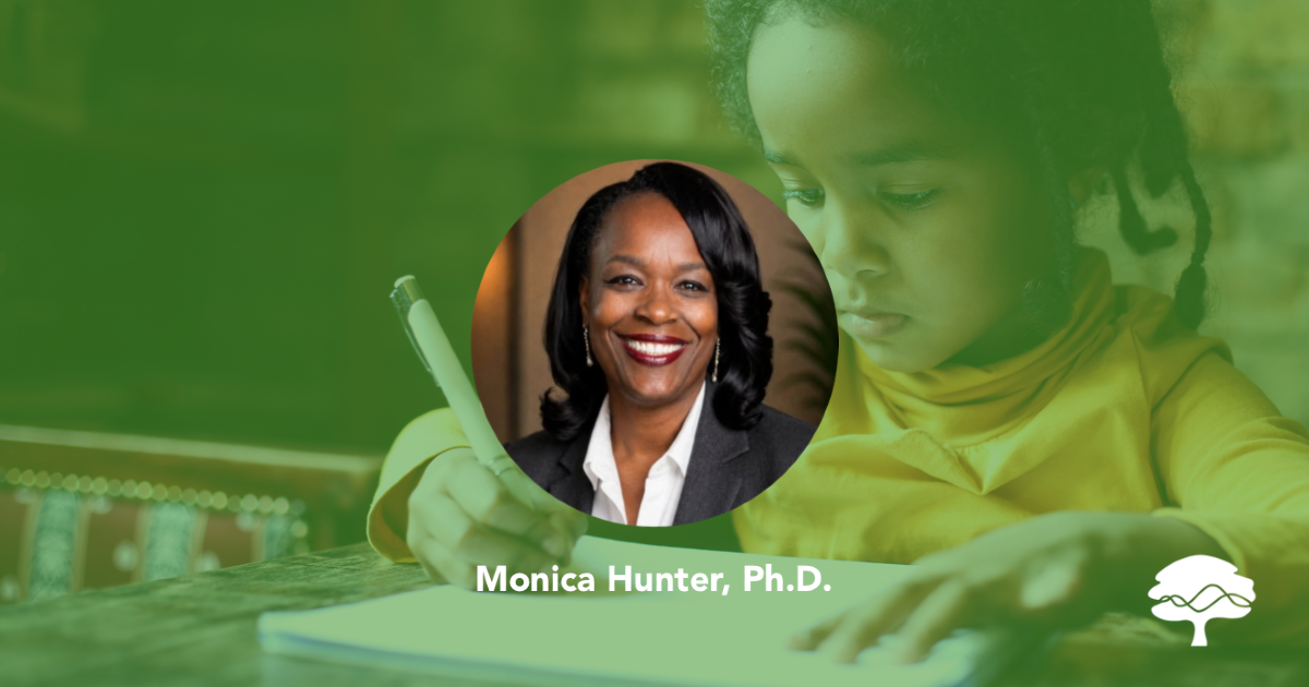A portrait of Monica Hunter, Ph.D. appears on a digital banner featuring Pacific Oaks branding and colors.