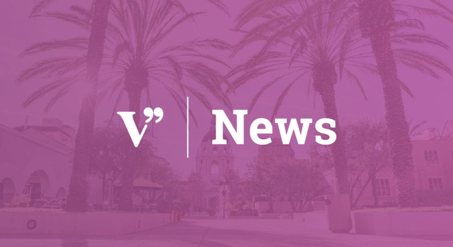 V News text over purple background