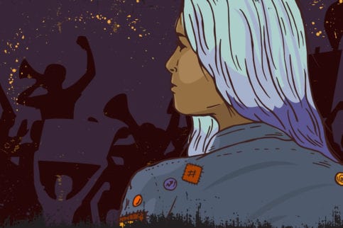 Girl with blue hair viewing a protest