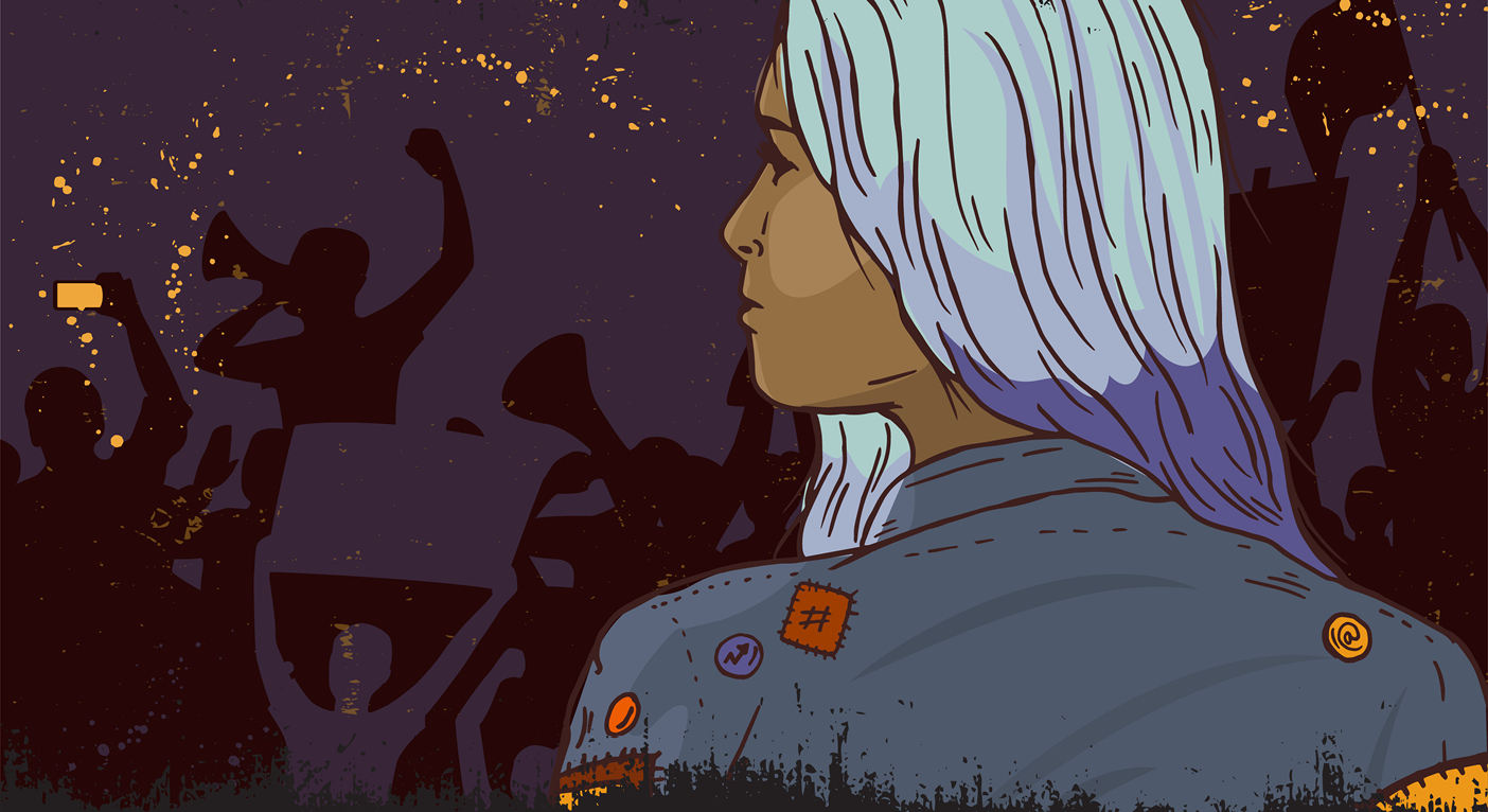 Girl with blue hair viewing a protest