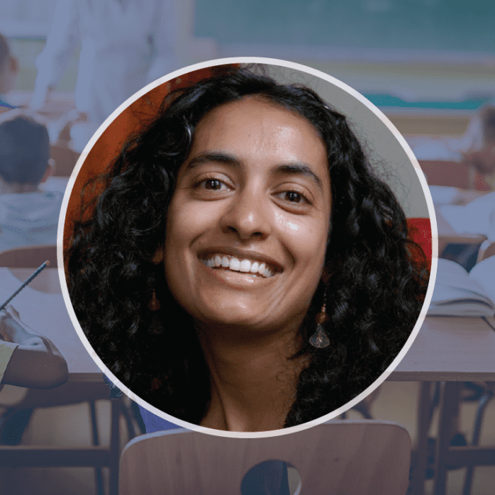 headshot of deepa overlayed classroom