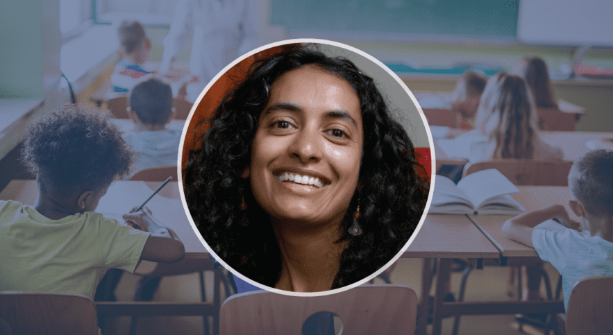 headshot of deepa overlayed classroom