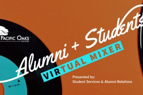 Text: "Alumni + Students Virtual Mixer"--two records on orange background