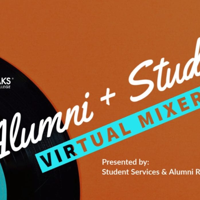 Text: "Alumni + Students Virtual Mixer"--two records on orange background