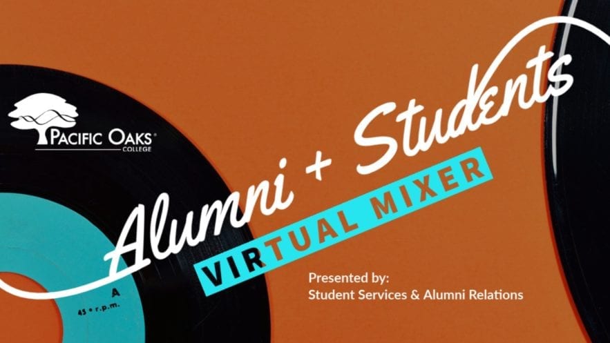 Text: "Alumni + Students Virtual Mixer"--two records on orange background