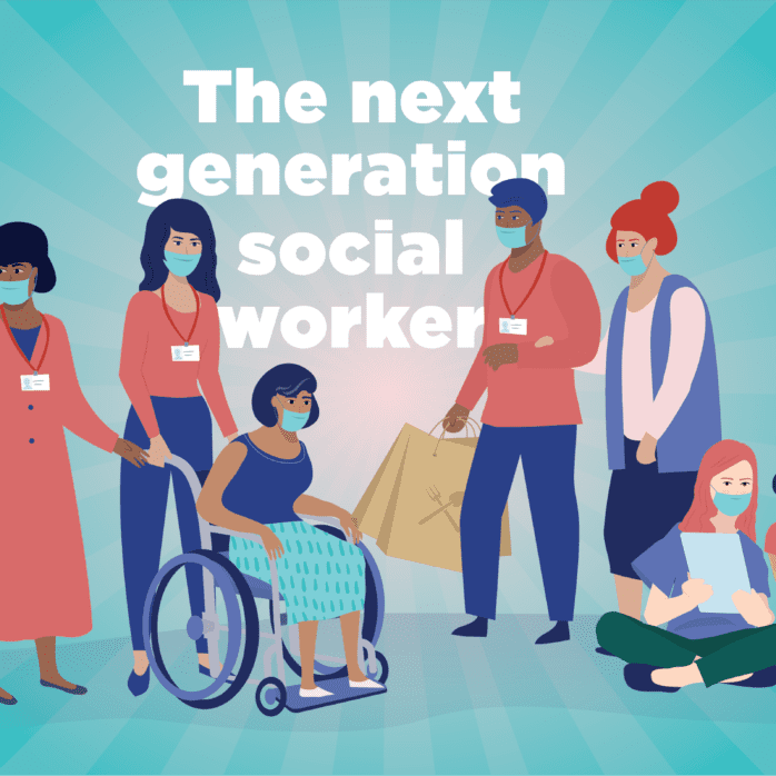 Illustration of social workers with clients with text" The next generation social worker"