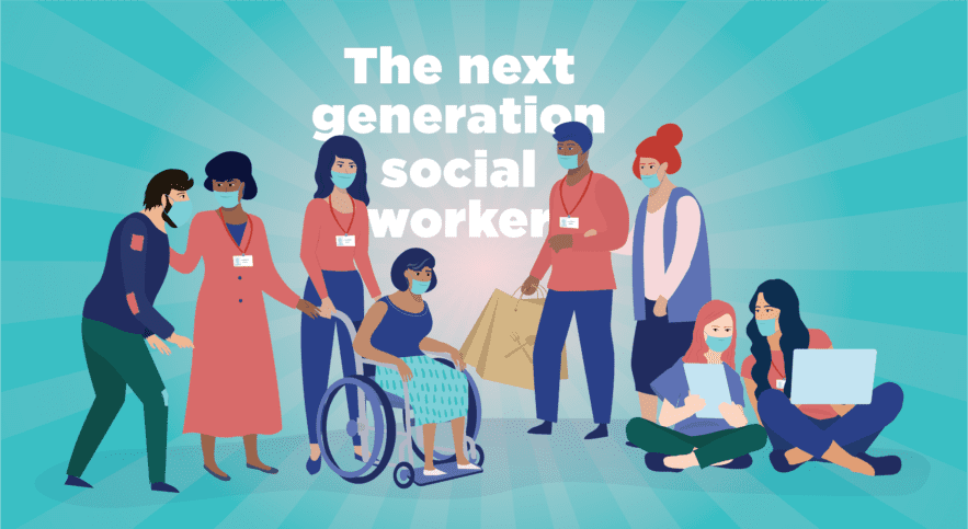 Illustration of social workers with clients with text" The next generation social worker"