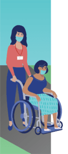 Illustration of woman pushing another woman in a wheelchair
