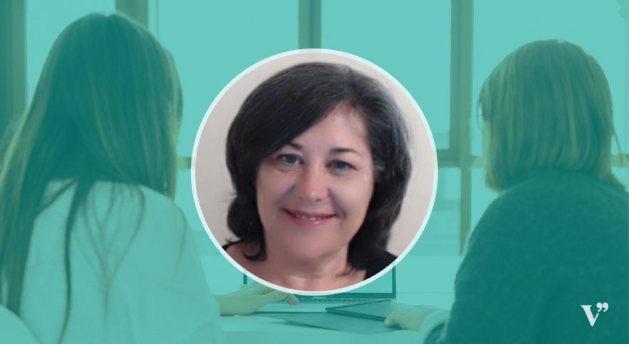 Headshot of Dr. Dionne Clabaugh in turquoise square with images of two students in background